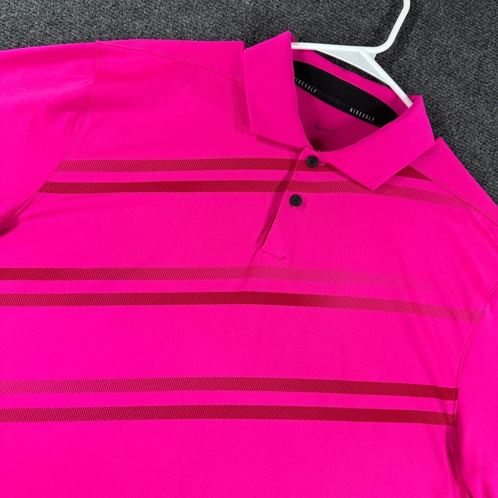 Nike Polo Shirt Mens M Medium Pink Striped Dri Fit Golf Performance Short Sleeve